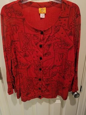 Ruby Rd. Red Button-Front Print Shirt